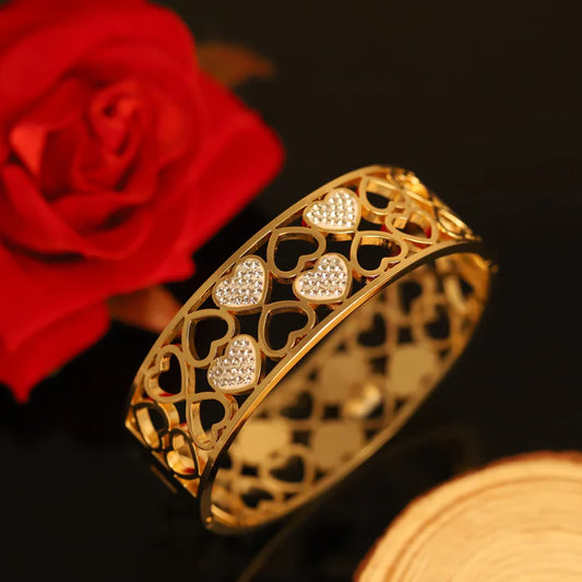 18K Gold Plated Wide Heart Bangle – Crystal Pavé, Anti-Tarnish | Lucky 777 Love Bracelet for Women