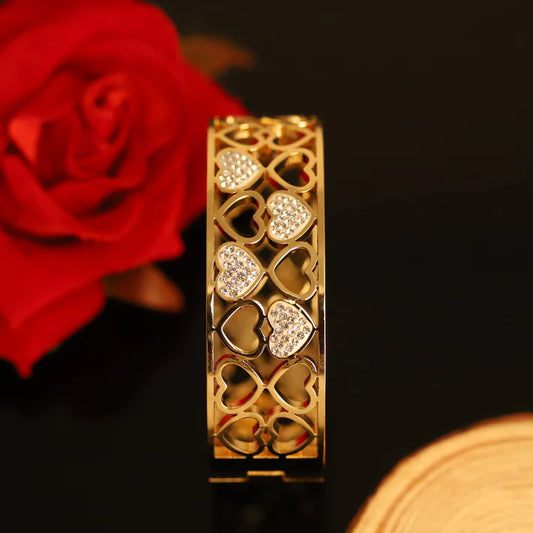 18K Gold Plated Wide Heart Bangle – Crystal Pavé, Anti-Tarnish | Lucky 777 Love Bracelet for Women