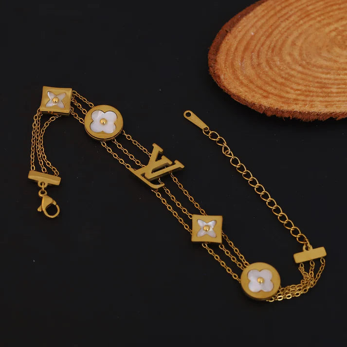 777 Luxury Anti-Tarnish Layered Gold Bracelet with Mother of Pearl Clover Charms & LV Inspired Monogram β 111 Elegant Everyday Jewelry for Women
