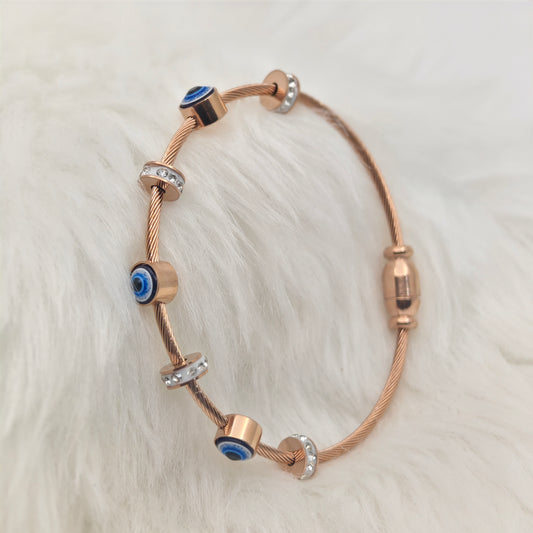 Elegant Rose Gold Anti-Tarnish Evil Eye Charm Bangle with Crystal Accents RGB373