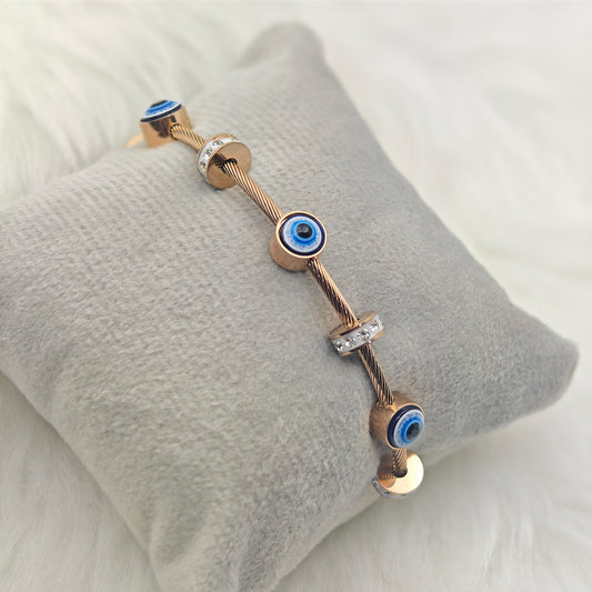 Elegant Rose Gold Anti-Tarnish Evil Eye Charm Bangle with Crystal Accents RGB373