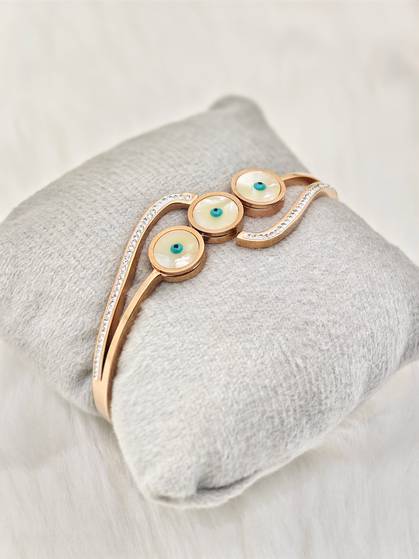 18K Rose Gold Plated Anti-Tarnish Evil Eye Bangle – Elegant Crystal-Studded Protective Bracelet for Women RGB506