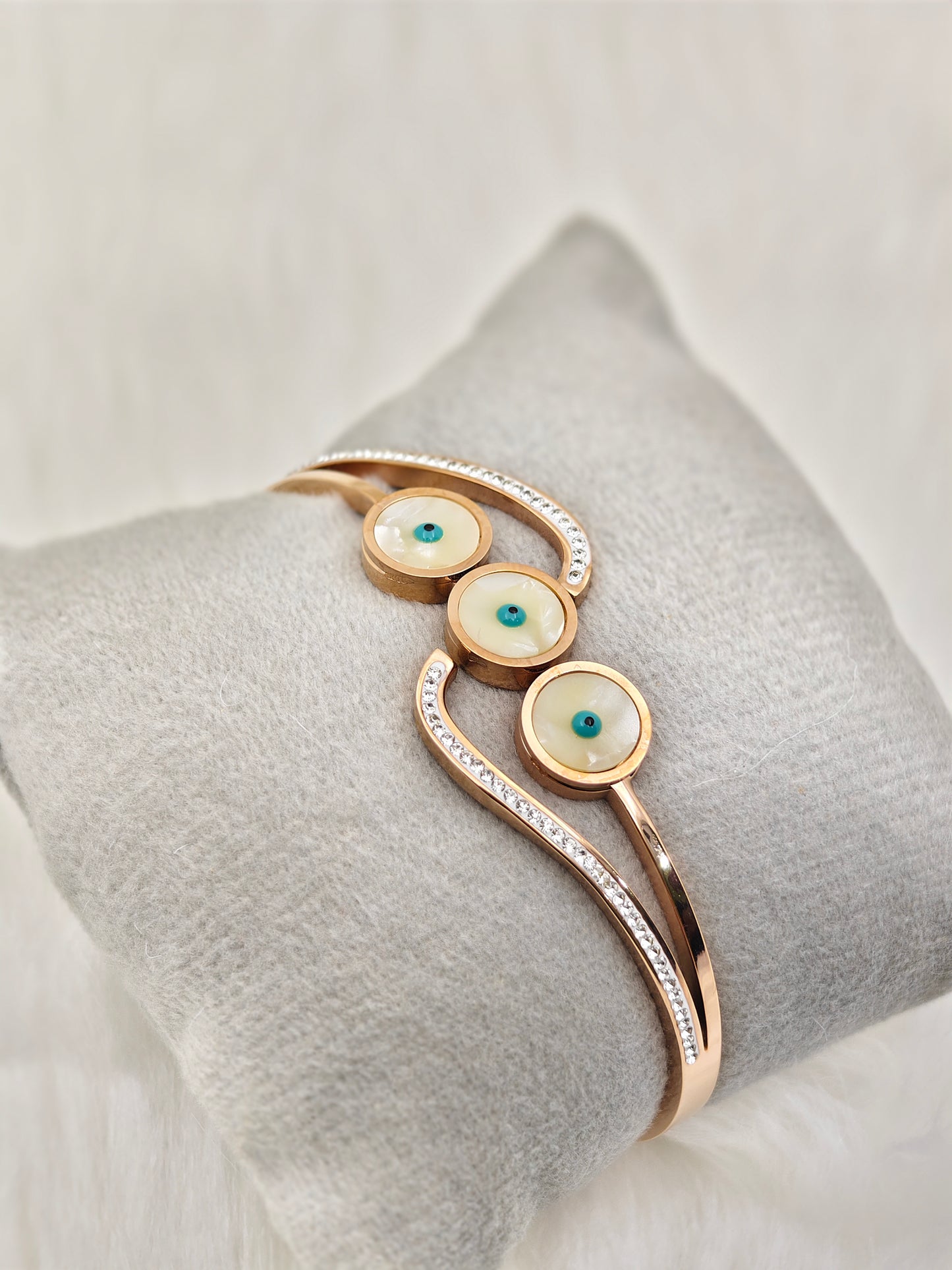 18K Rose Gold Plated Anti-Tarnish Evil Eye Bangle – Elegant Crystal-Studded Protective Bracelet for Women RGB506