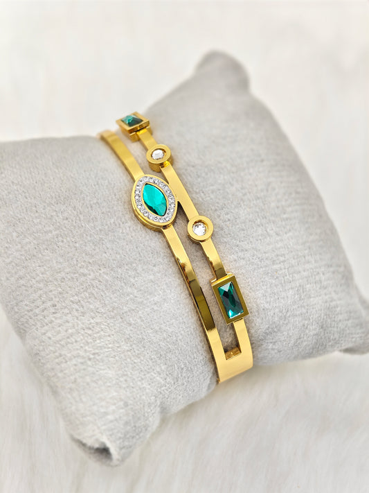 18K Yellow Gold Plated Anti-Tarnish Green Crystal Bangle – Elegant Designer Bracelet for Women with Geometric Accents