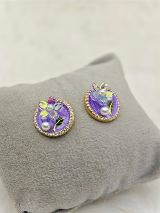 Luxury Anti-Tarnish Purple Enamel Stud Earrings with Pearl & Floral Detailing – Elegant Everyday Statement Jewelry for Women