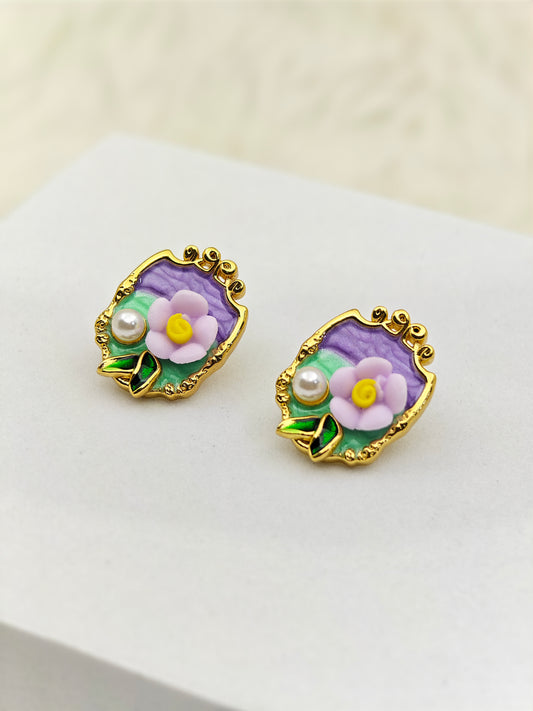 Luxury Anti-Tarnish Purple Enamel Stud Earrings with Pearl & Floral Detailing – Elegant Everyday Statement Jewelry for Women