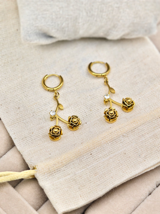 Luxury Gold Plated Rose Flower Drop Earrings – Elegant Anti-Tarnish Stainless Steel with Crystal Accents ATER221