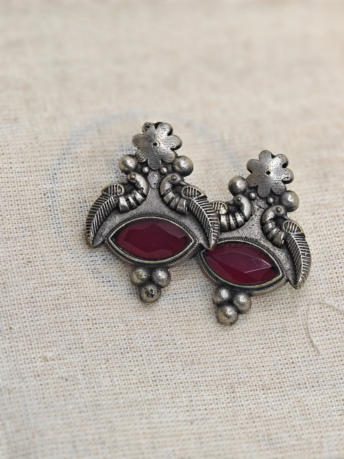 Antique Silver Replica Earrings with Red Stone | Festive Ethnic Jewellery for Women β Limited Time Offer