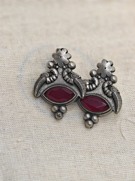 Antique Silver Replica Earrings with Red Stone | Festive Ethnic Jewellery for Women – Limited Time Offer