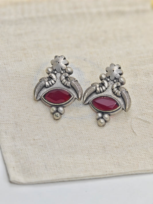 Antique Silver Replica Earrings with Red Stone | Festive Ethnic Jewellery for Women – Limited Time Offer