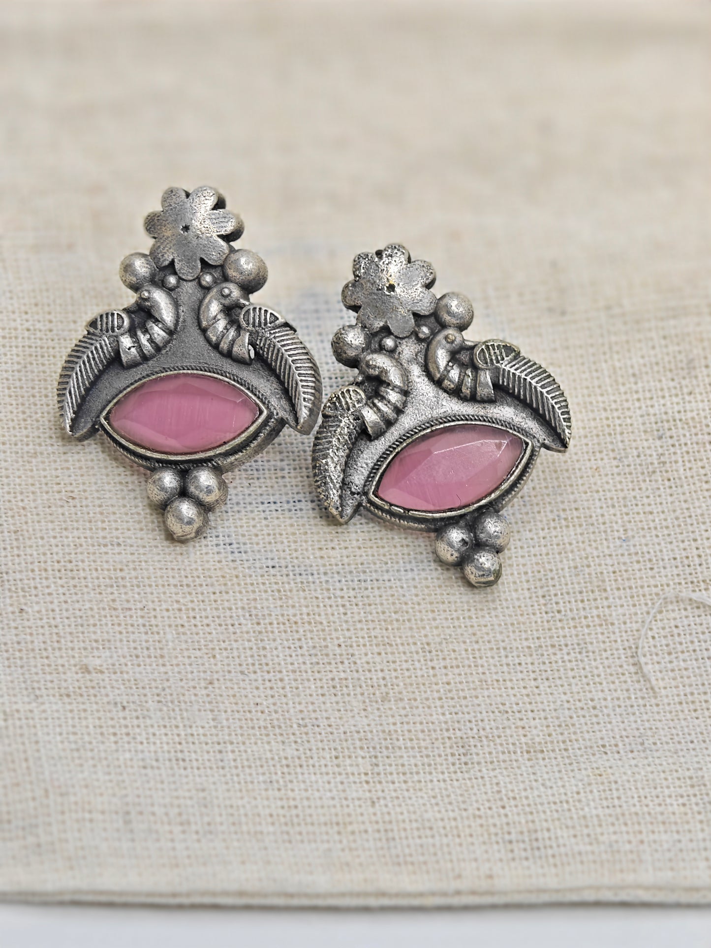 Antique Peacock Silver Replica Earrings with Pink Stone | Ethnic Festive Jewellery for Women β Limited Edition Offer