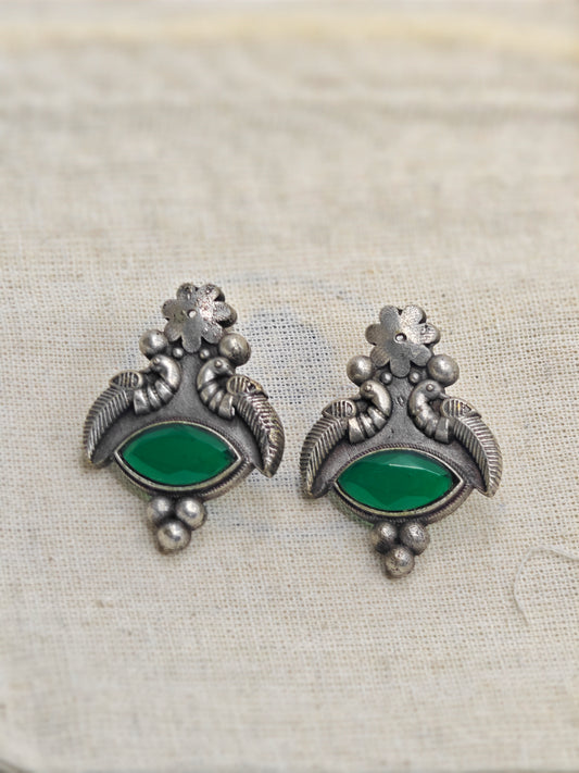 Antique Peacock Silver Replica Earrings with Green Stone | Festive Ethnic Jewellery for Women | Hypoallergenic & Limited Edition by The Soul Jewellery