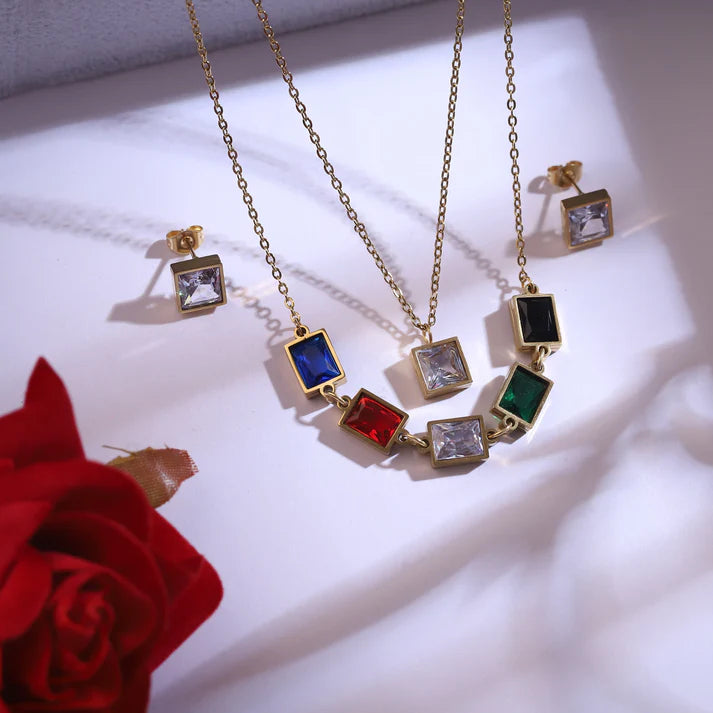 Luxury Gold-Tone Multi-Color Gemstone Necklace & Stud Earring Set – Square-Cut Statement Jewelry for Women ATCP177