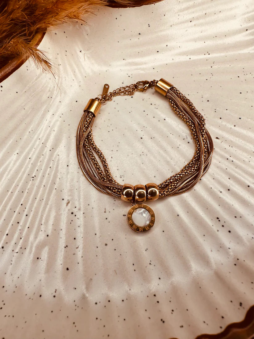 18K Rose Gold Plated Multi-Chain Tassel Bracelet with Roman Numeral Charm โ Anti-Tarnish Statement Jewellery for Women