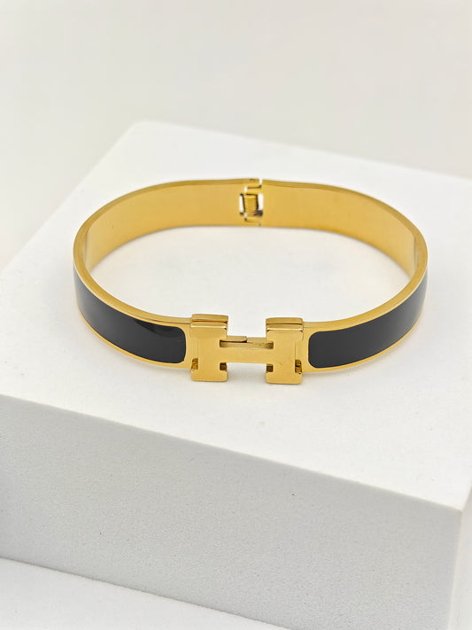 Imperial Prosperity 8™ Black Enamel H Bracelet | 18K Gold Plated Anti-Tarnish Demi-Fine Stainless-Steel Cuff