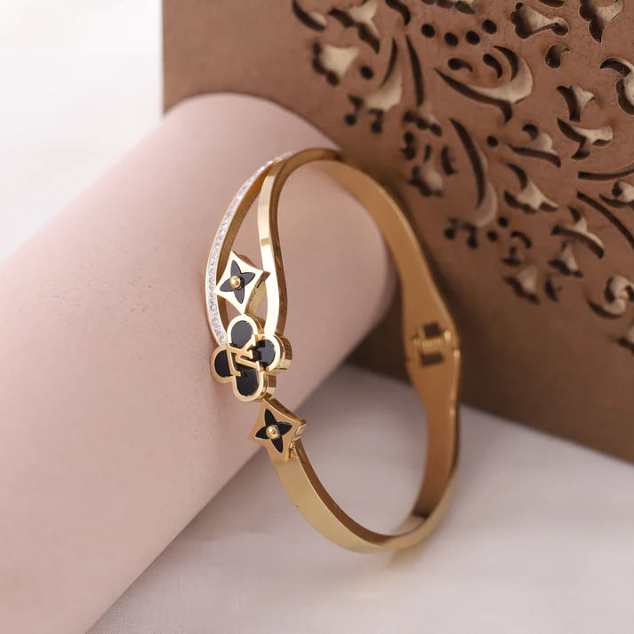 18K Gold LV-Inspired Anti-Tarnish Bangle – Black & Crystal Accents Lucky 7 Daily-Wear Bracelet