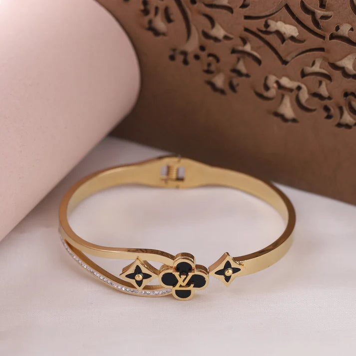 18K Gold LV-Inspired Anti-Tarnish Bangle – Black & Crystal Accents Lucky 7 Daily-Wear Bracelet