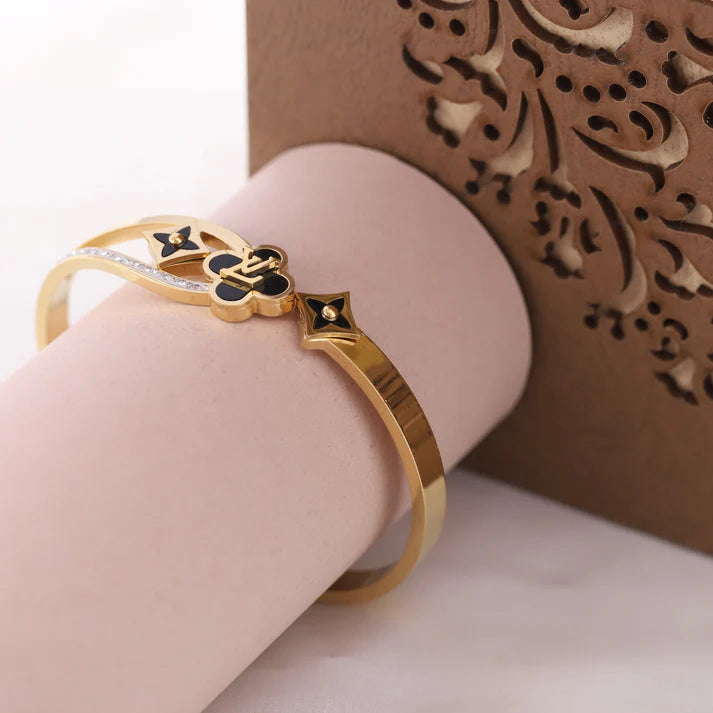 18K Gold LV-Inspired Anti-Tarnish Bangle – Black & Crystal Accents Lucky 7 Daily-Wear Bracelet