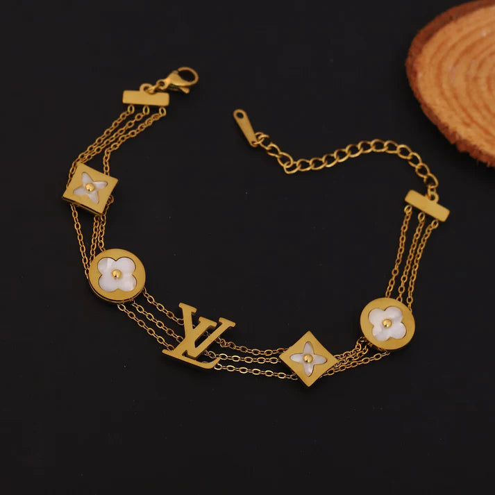777 Luxury Anti-Tarnish Layered Gold Bracelet with Mother of Pearl Clover Charms & LV Inspired Monogram β 111 Elegant Everyday Jewelry for Women