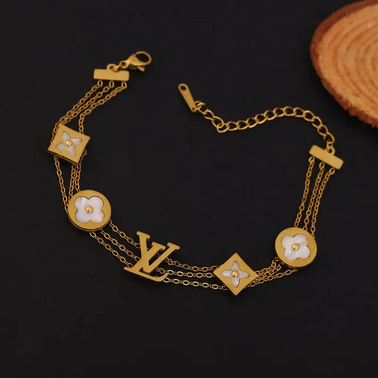 777 Luxury Anti-Tarnish Layered Gold Bracelet with Mother of Pearl Clover Charms & LV Inspired Monogram – 111 Elegant Everyday Jewelry for Women