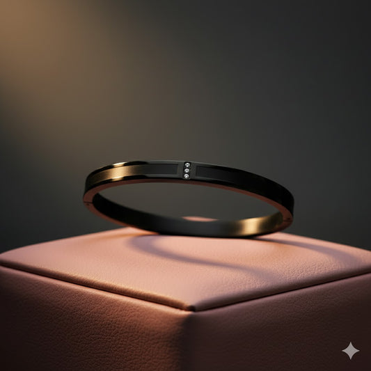 Luxury Black Polished Anti-Tarnish Bangle with Triple Diamond Accents – Sleek Openable Design RGB314