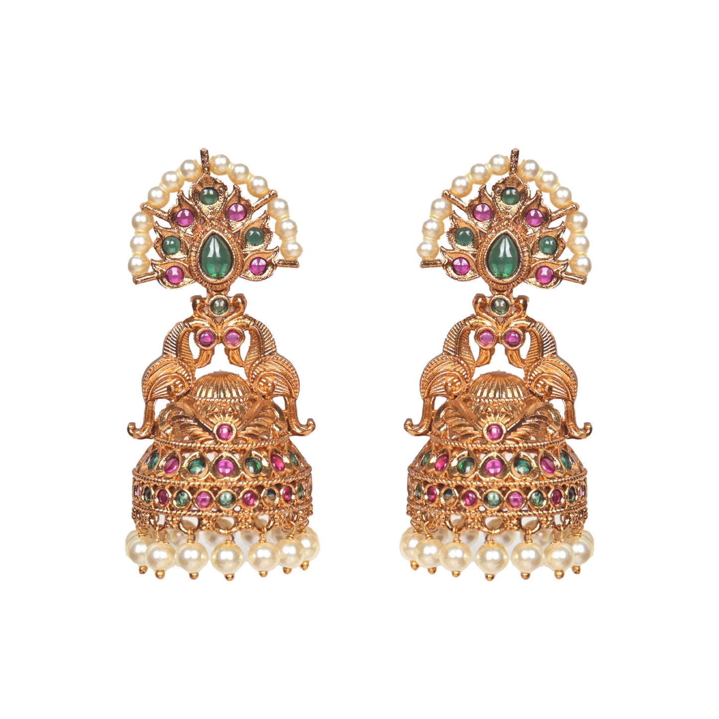 Arunima Antique Matte Gold Plated Jhumka Earrings