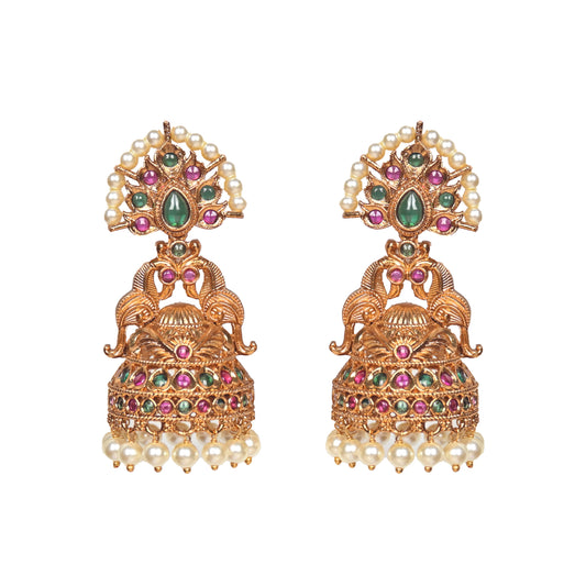 Arunima Antique Matte Gold Plated Jhumka Earrings