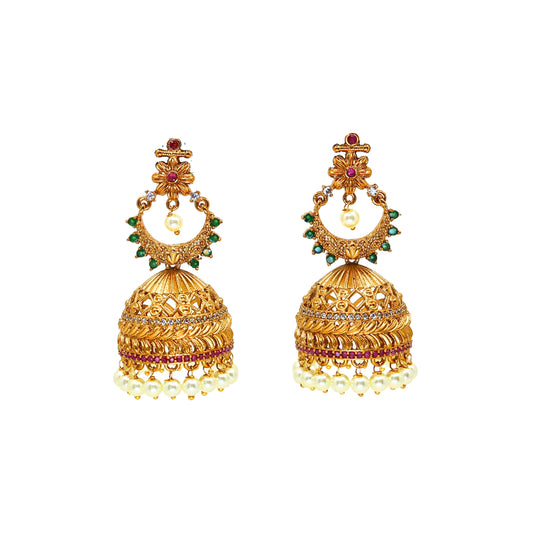 22K Gold Plated Antique Matte Gold Plated Anupama  Jhumka Earrings with Flower Design