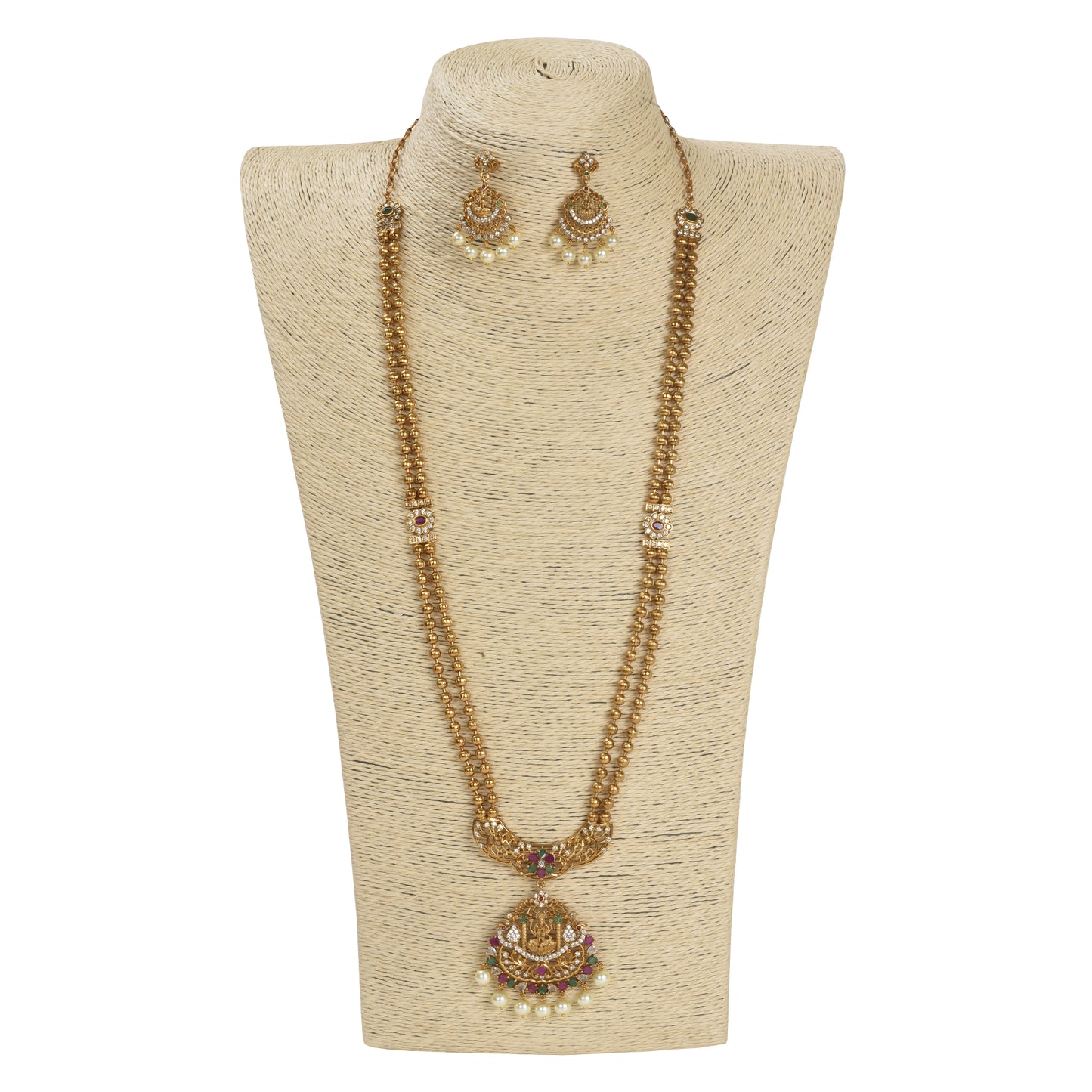 22k Golld plated Arya Antique Gold-Plated Long Temple Necklace & Earring Set