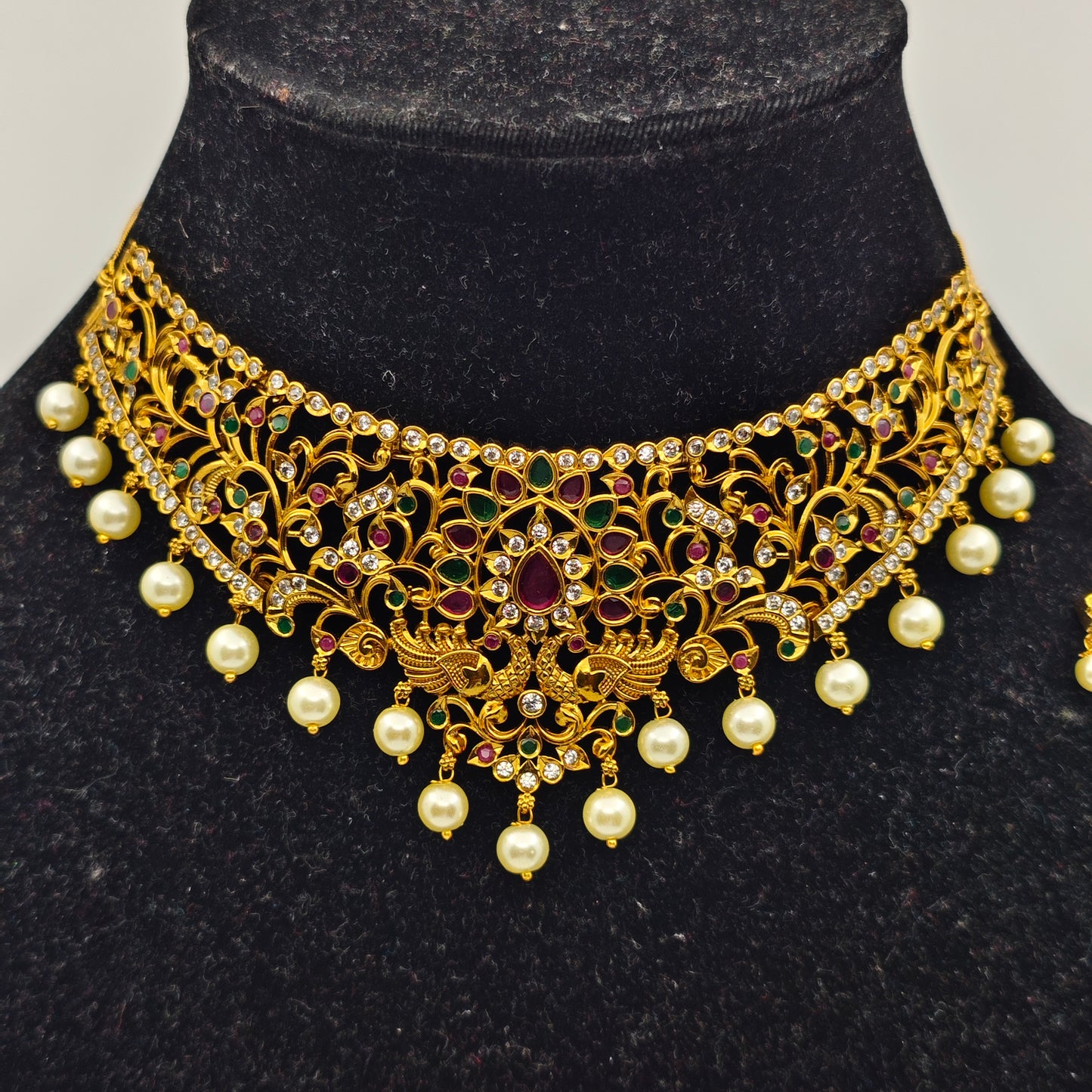 Vasudha Antique Nakshi Choker Set with Intricate Pearl and Ruby Accents – Traditional Temple Jewelry MGNC319