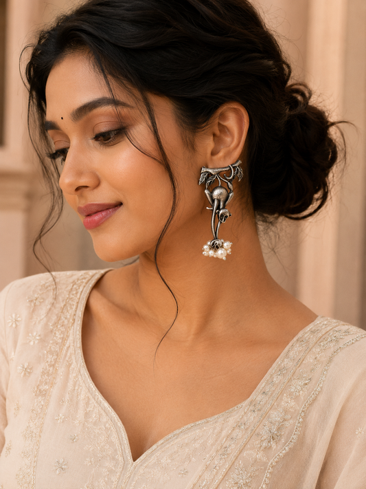 Oxidised Monkey Pearl Drop Earrings for Women β Vintage Animal Design Boho Tribal Earrings