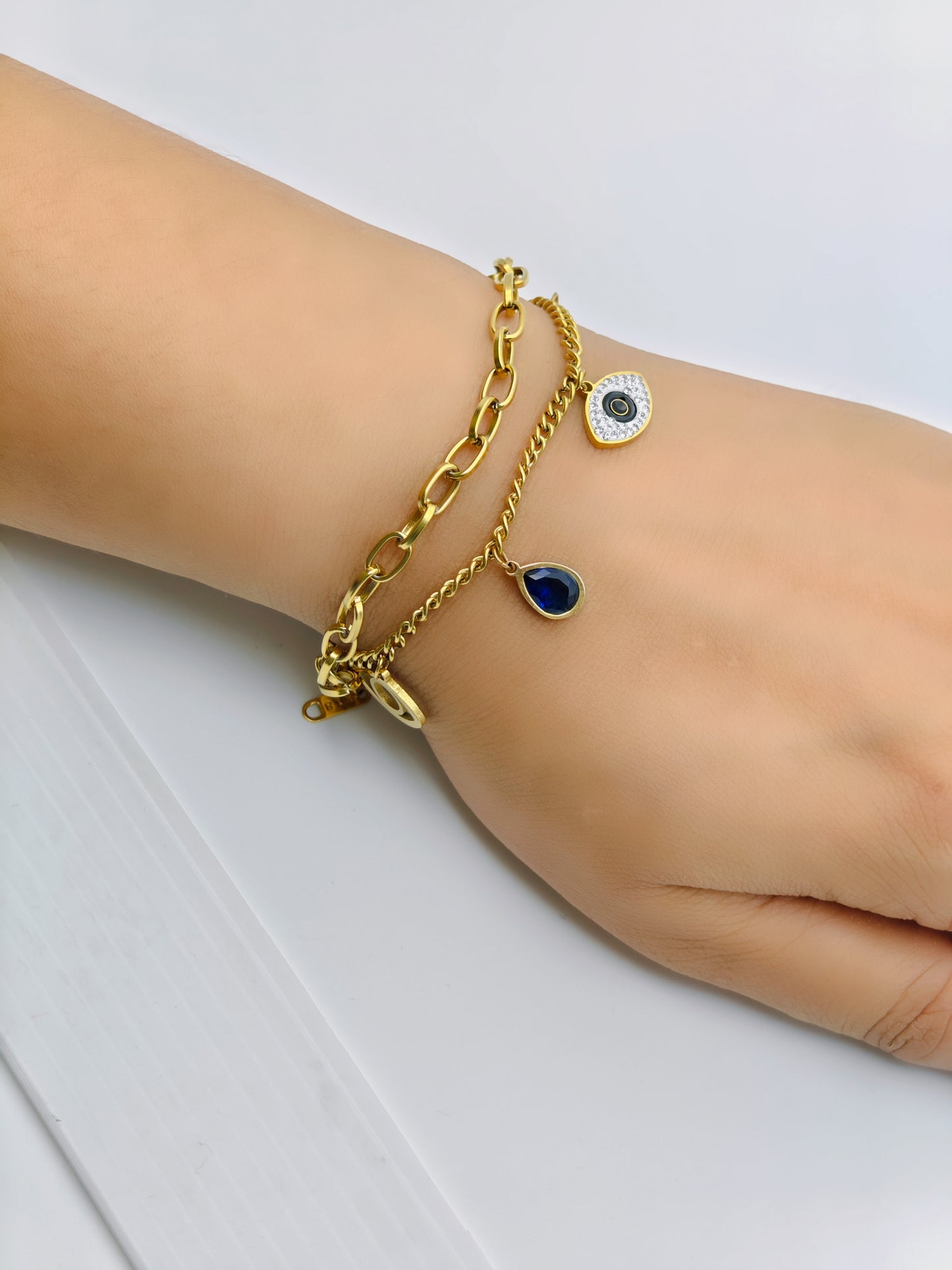 18K Yellow Gold-Plated Anti-Tarnish Evil Eye Chain Bracelet with Evil Eye and Blue Teardrop Accents RGB276