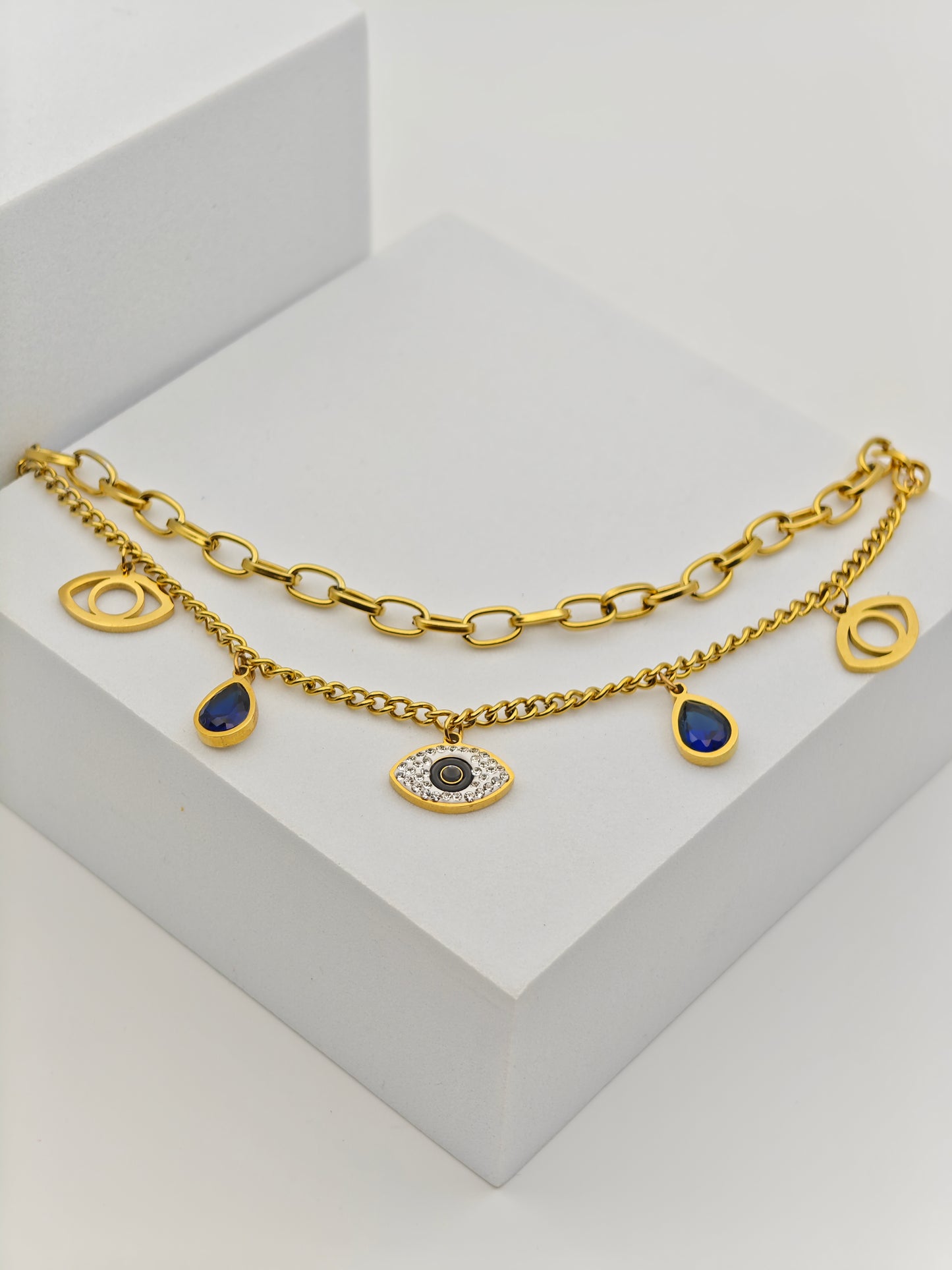 18K Yellow Gold-Plated Anti-Tarnish Evil Eye Chain Bracelet with Evil Eye and Blue Teardrop Accents RGB276