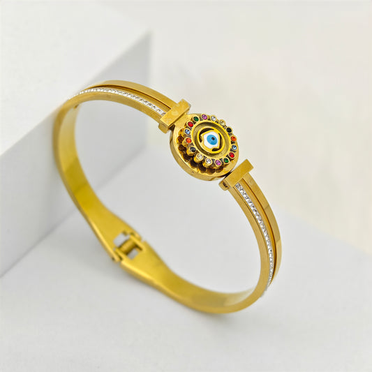 tylish 18K Rose Gold Plated Anti-Tarnish Rotating Evil Eye Bangle with Crystal Details RGB402