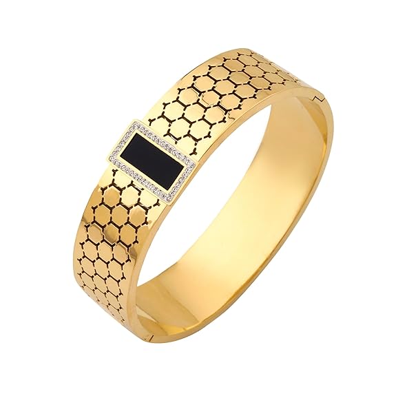 Luxury 18K Gold-Plated Black Gem Gala Cuff Bracelet – Anti-Tarnish Stainless Steel with Crystal Accents RGB421