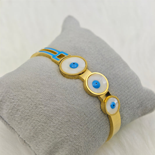 Luxury 18K Gold-Plated Evil Eye Bracelet – Anti-Tarnish Stainless Steel Bangle with Blue Enamel & Mother of Pearl Accents RGB429