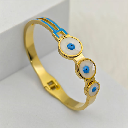 Luxury 18K Gold-Plated Evil Eye Bracelet – Anti-Tarnish Stainless Steel Bangle with Blue Enamel & Mother of Pearl Accents RGB429