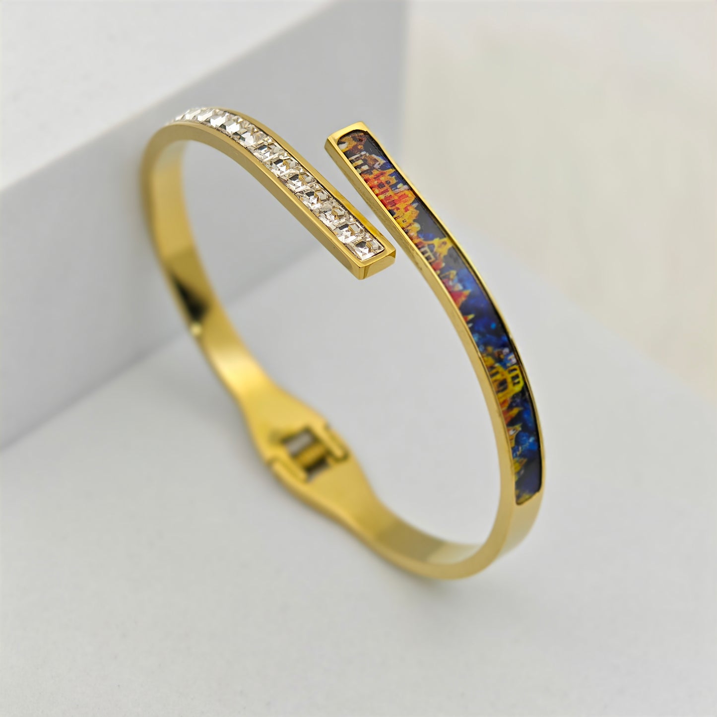 Luxury 22K Gold-Plated Artistic Open Cuff Bracelet – Anti-Tarnish Stainless Steel Bangle with Crystal & Enamel Detailing RGB431
