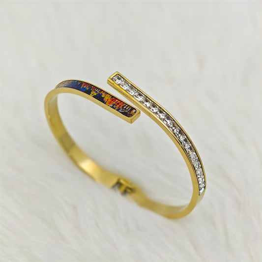 Luxury 22K Gold-Plated Artistic Open Cuff Bracelet – Anti-Tarnish Stainless Steel Bangle with Crystal & Enamel Detailing RGB431