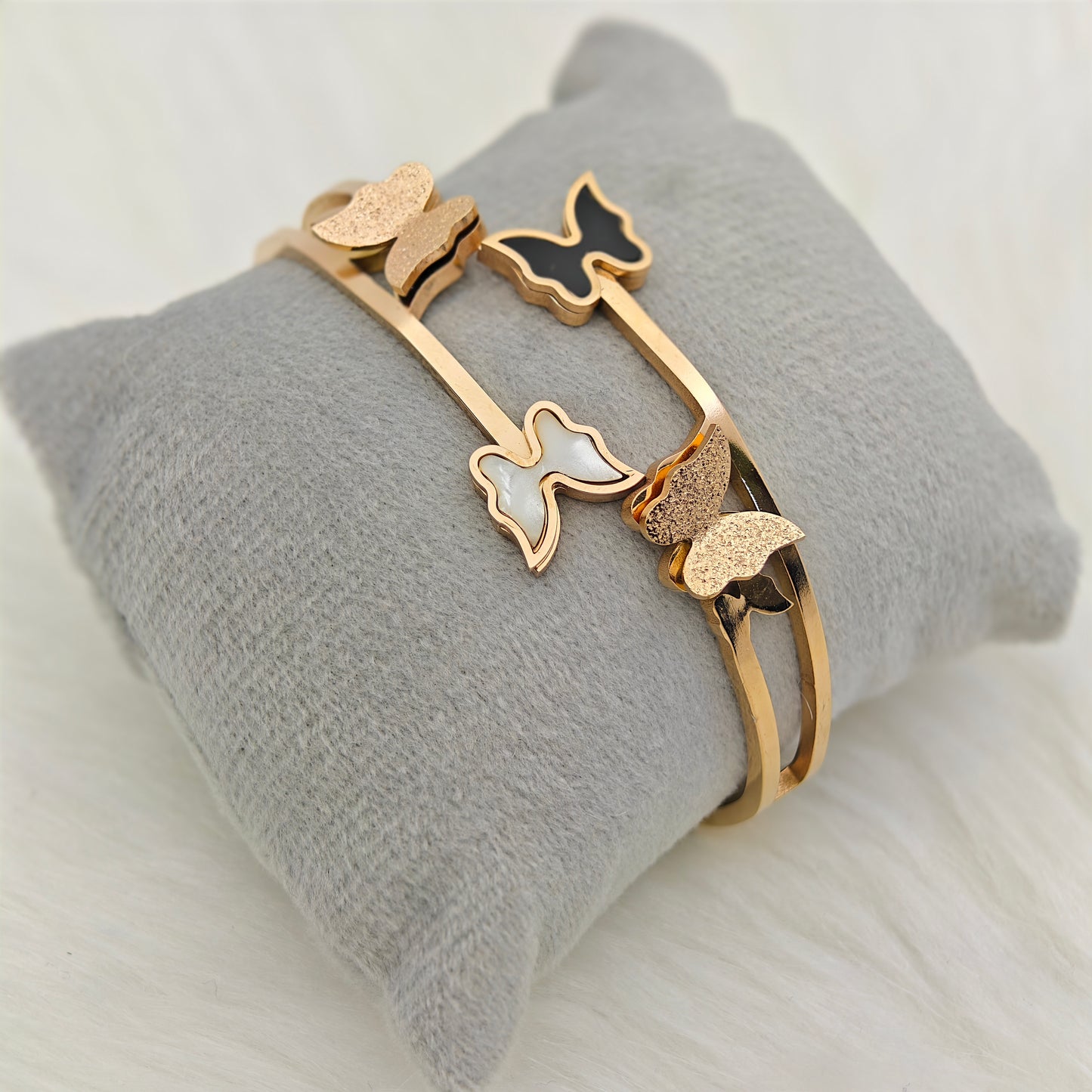Luxury 22K Rose Gold-Plated Butterfly Bracelet – Anti-Tarnish Stainless Steel Bangle with Dual-Tone Enamel Accents