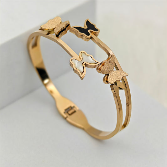 Luxury 22K Rose Gold-Plated Butterfly Bracelet – Anti-Tarnish Stainless Steel Bangle with Dual-Tone Enamel Accents