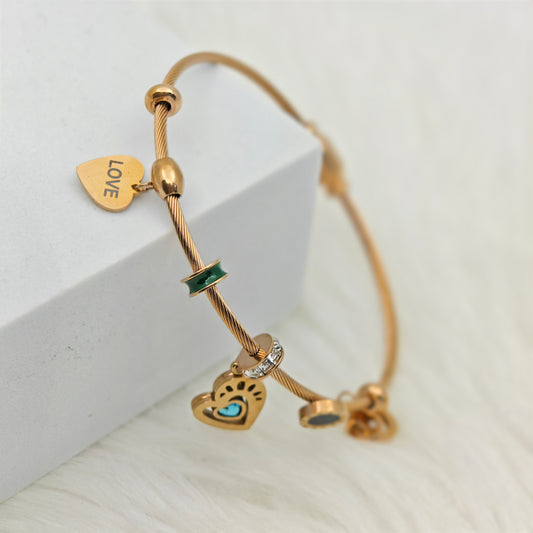 Luxury 22KRose Gold-Plated Love Charm Bracelet – Anti-Tarnish Stainless Steel Bangle with Heart & CZ Accents RGB436