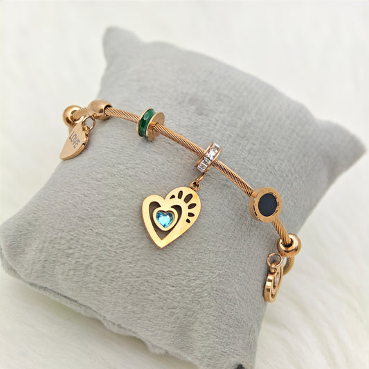 Luxury 22KRose Gold-Plated Love Charm Bracelet – Anti-Tarnish Stainless Steel Bangle with Heart & CZ Accents RGB436