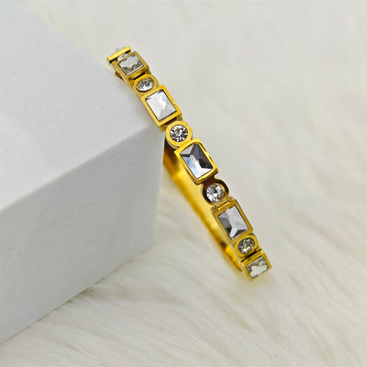 Luxury 22K Gold-Plated Baguette CZ Bracelet – Anti-Tarnish Stainless Steel Bangle with Geometric Crystal Accents RGB445