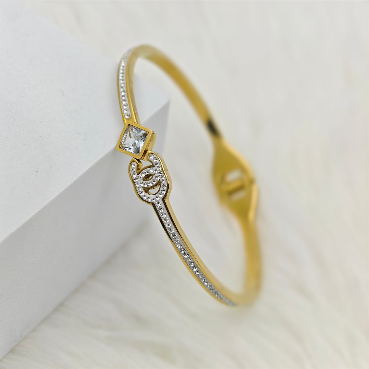 Luxury 22K Gold-Plated Designer Channel Engraved CZ Bracelet – Anti-Tarnish Stainless Steel Bangle with Square & Pave Crystal Accents RGB453