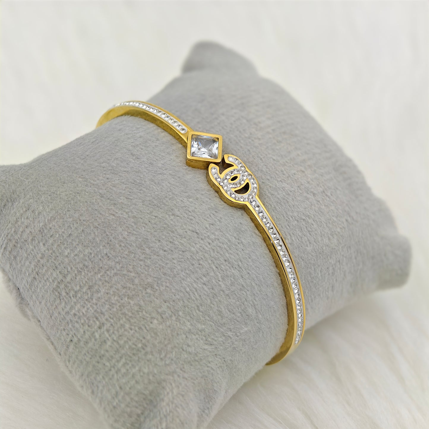 Luxury 22K Gold-Plated Designer Channel Engraved CZ Bracelet – Anti-Tarnish Stainless Steel Bangle with Square & Pave Crystal Accents RGB453