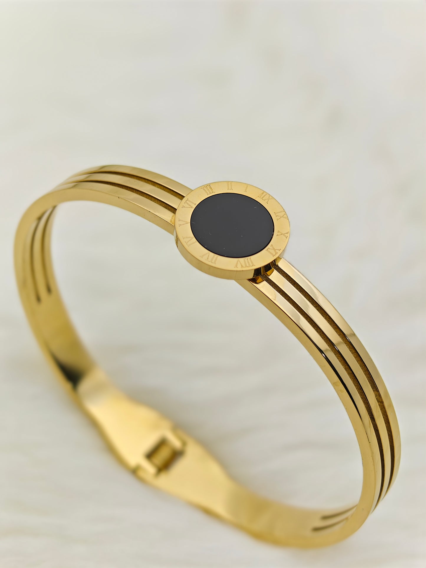 8K Gold Plated Anti-Tarnish Black Enamel Roman Numeral Bangle for Women โ Sleek Statement Bracelet for Daily Wear RGB489
