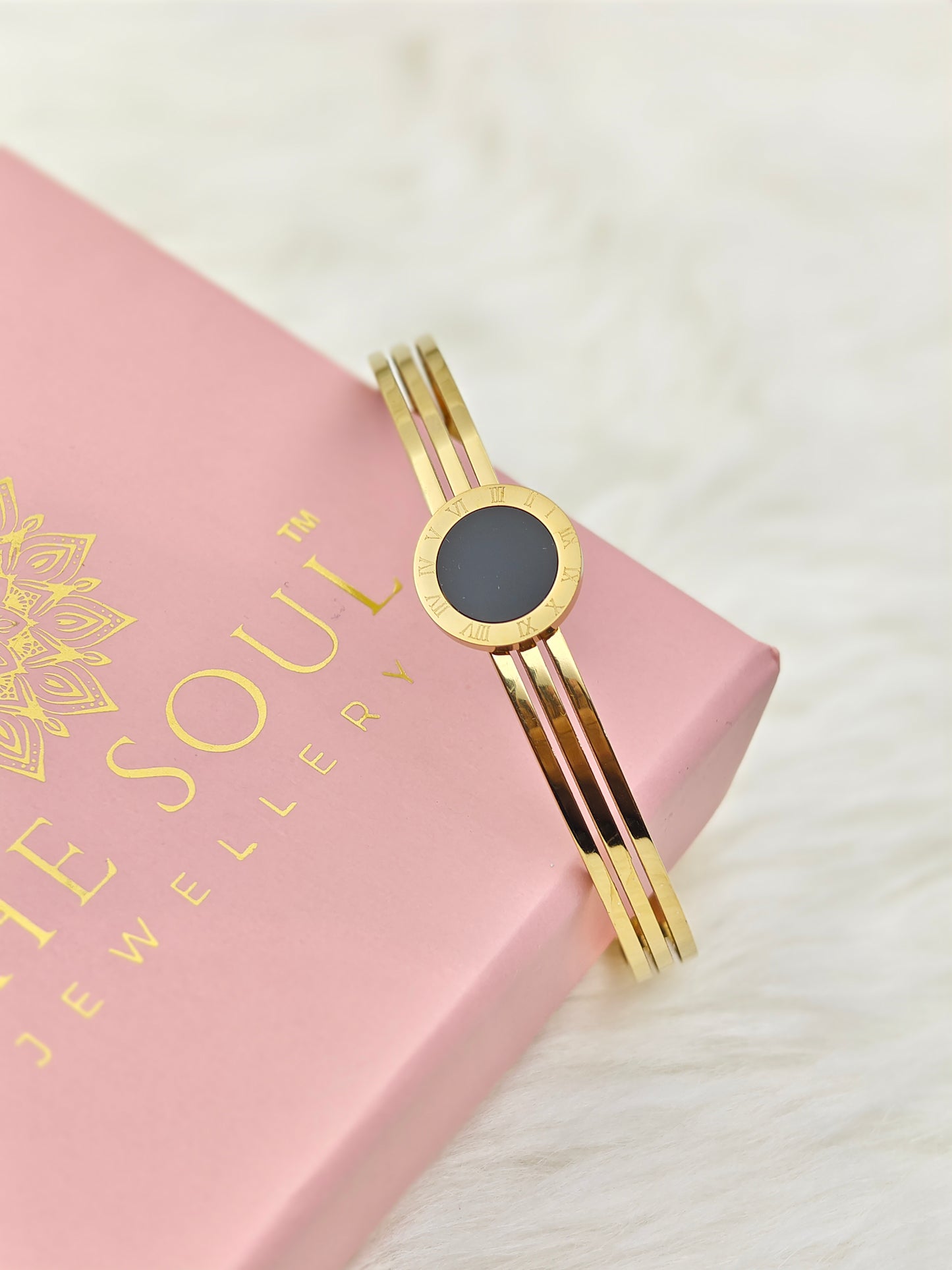 8K Gold Plated Anti-Tarnish Black Enamel Roman Numeral Bangle for Women โ Sleek Statement Bracelet for Daily Wear RGB489