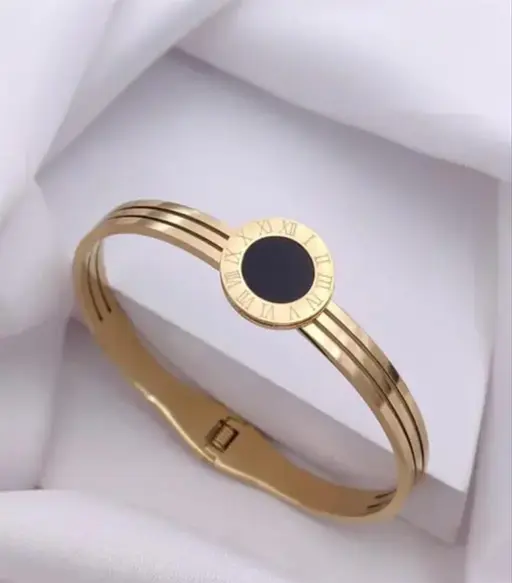 8K Gold Plated Anti-Tarnish Black Enamel Roman Numeral Bangle for Women โ Sleek Statement Bracelet for Daily Wear RGB489