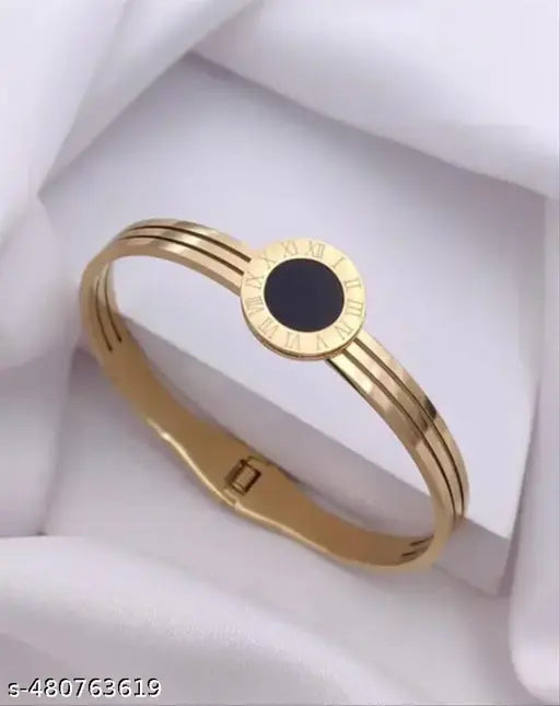 8K Gold Plated Anti-Tarnish Black Enamel Roman Numeral Bangle for Women โ Sleek Statement Bracelet for Daily Wear RGB489